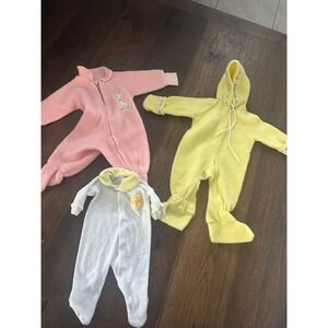 Vtg 80s Baby Fleece Footed Pajamas Sleepers Rompers Bundle 3 Piece Newborn-6m